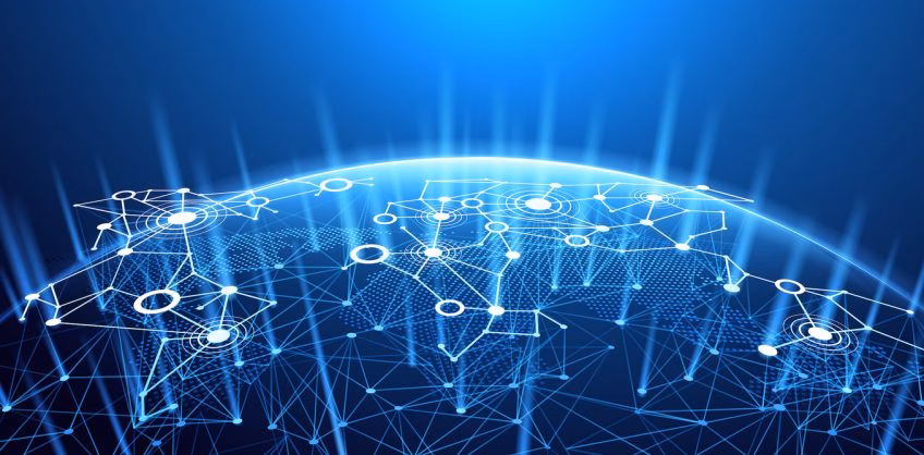 An illustration of a digital planet with interconnected nodes