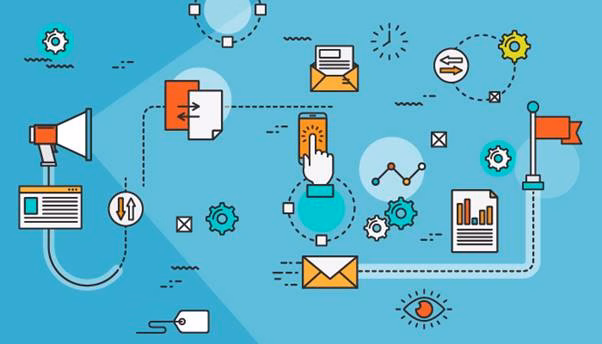 An illustration with different interconnected IT icons on a blue background
