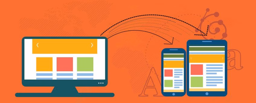 An illustration of a computer, smartphone, and a tablet on a red background