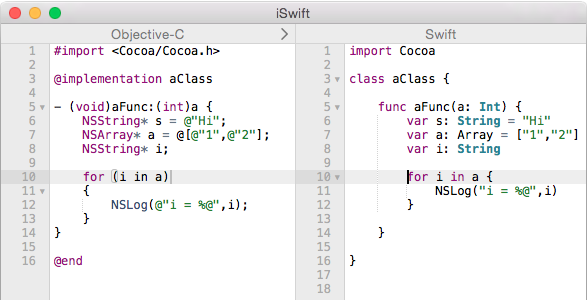 A screenshot comparing Objective-C and Swift code