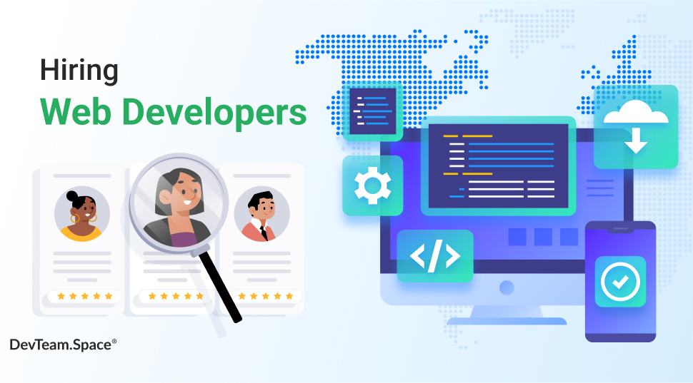 Image with text saying hire web developers that includes images of website developers and a computer with code for a website and a map of the world with DevTeam.Space logo. 