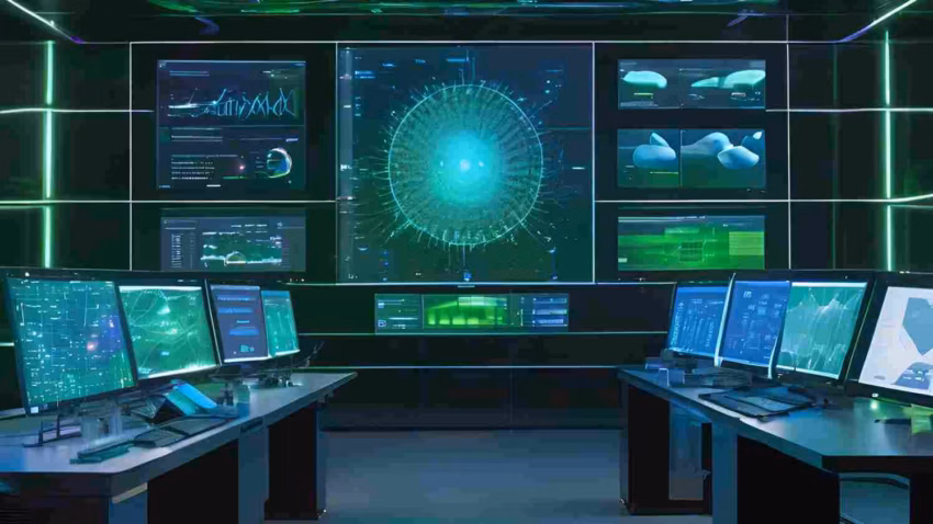 Futuristic control room with glowing digital dashboards.