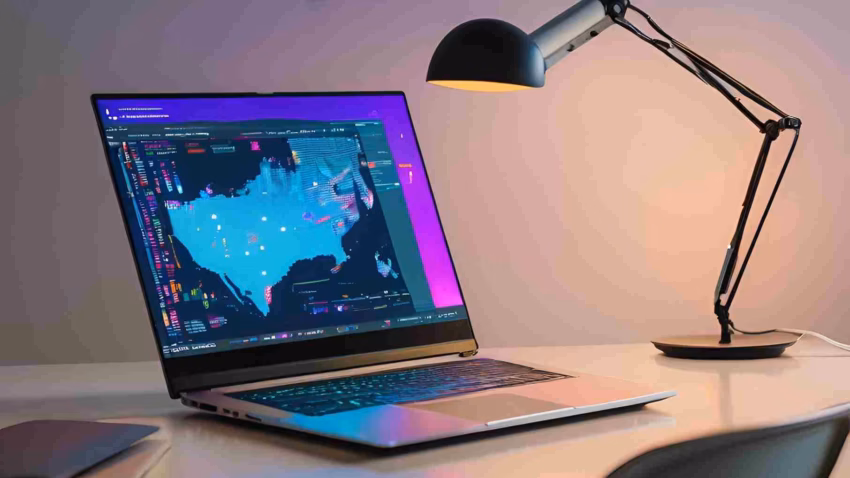 Laptop screen showing U.S. map with data visualization.