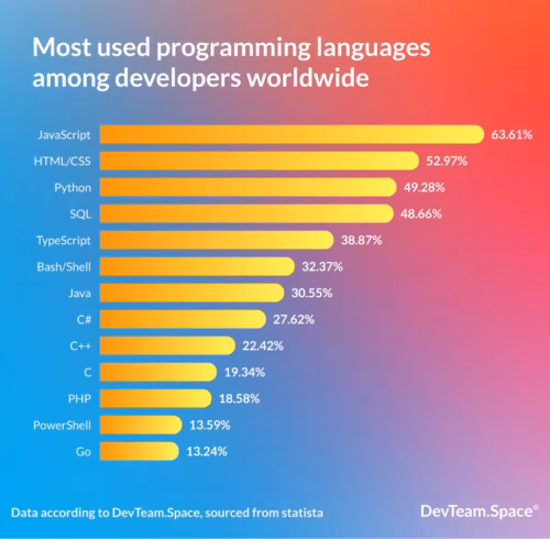 Graph showing the most used programming languages that include JavaScript, Python, Java, PHP and others. Data is supplied by DevTeam.Space