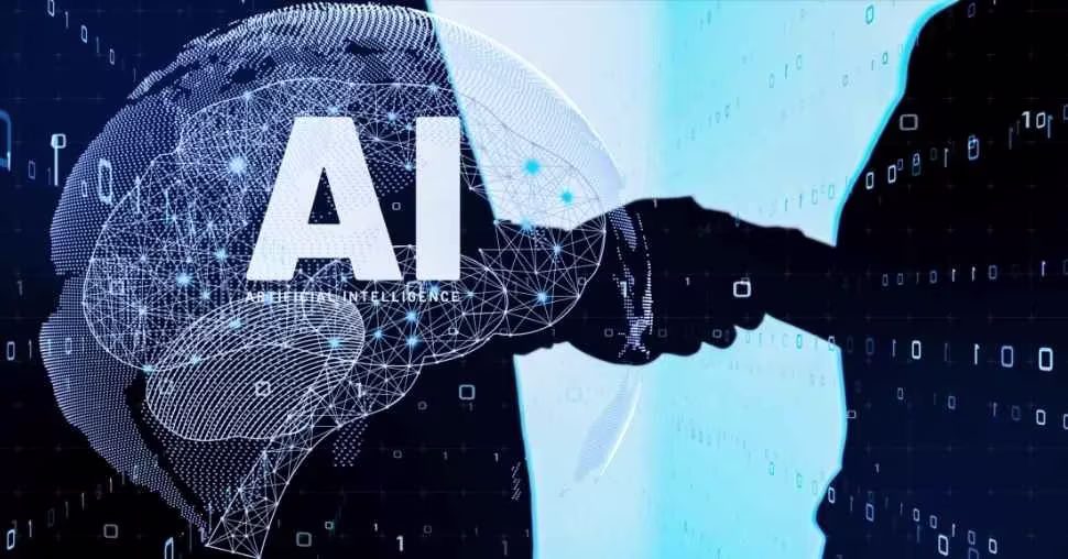 Two people handshaking behind an AI hologram.