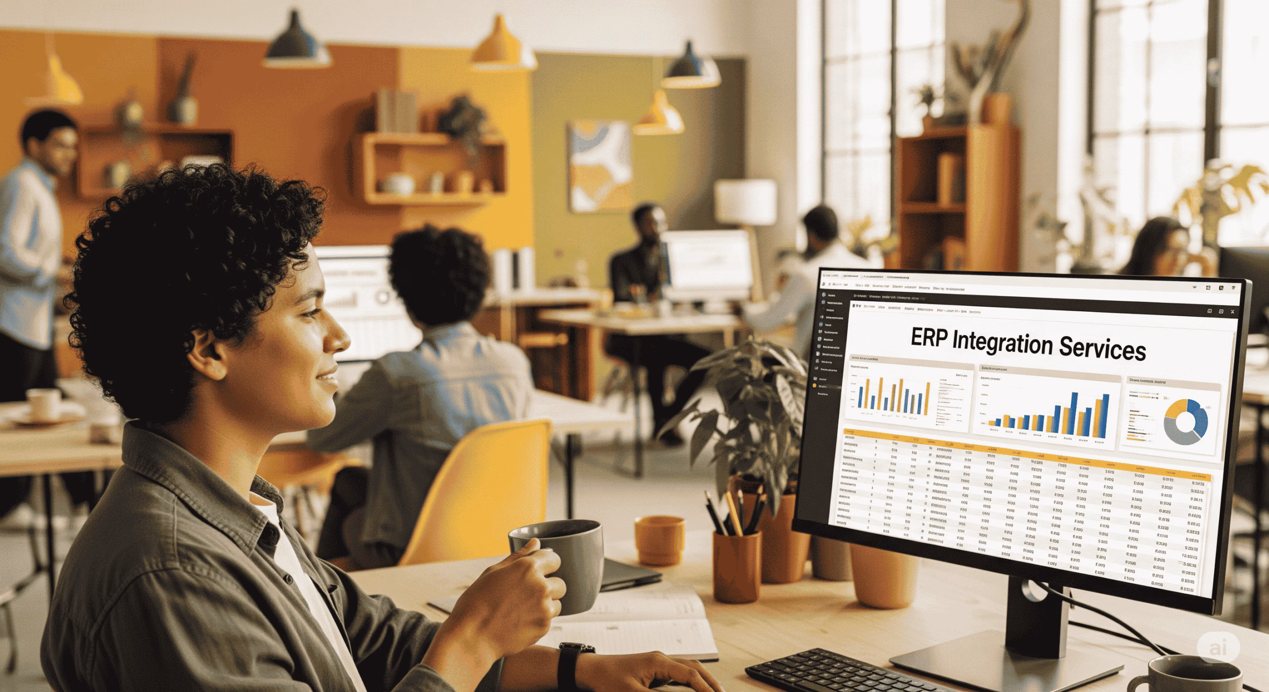A young professional looks at a desktop computer screen that displays a dashboard for ERP integration services. 