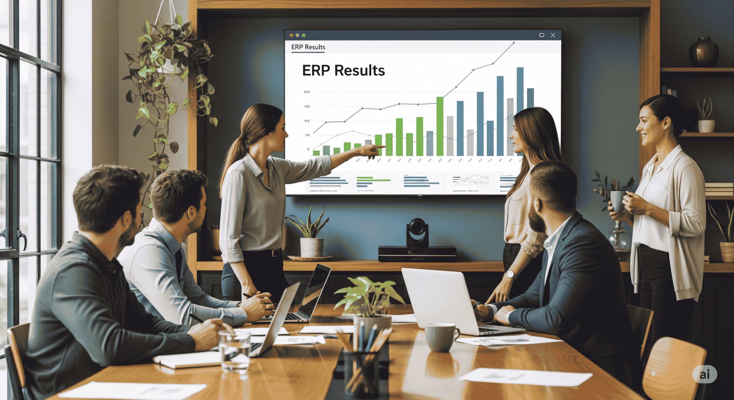 A group of professionals is engaged in a business meeting, discussing the results of ERP integration services displayed on a large wall-mounted screen.