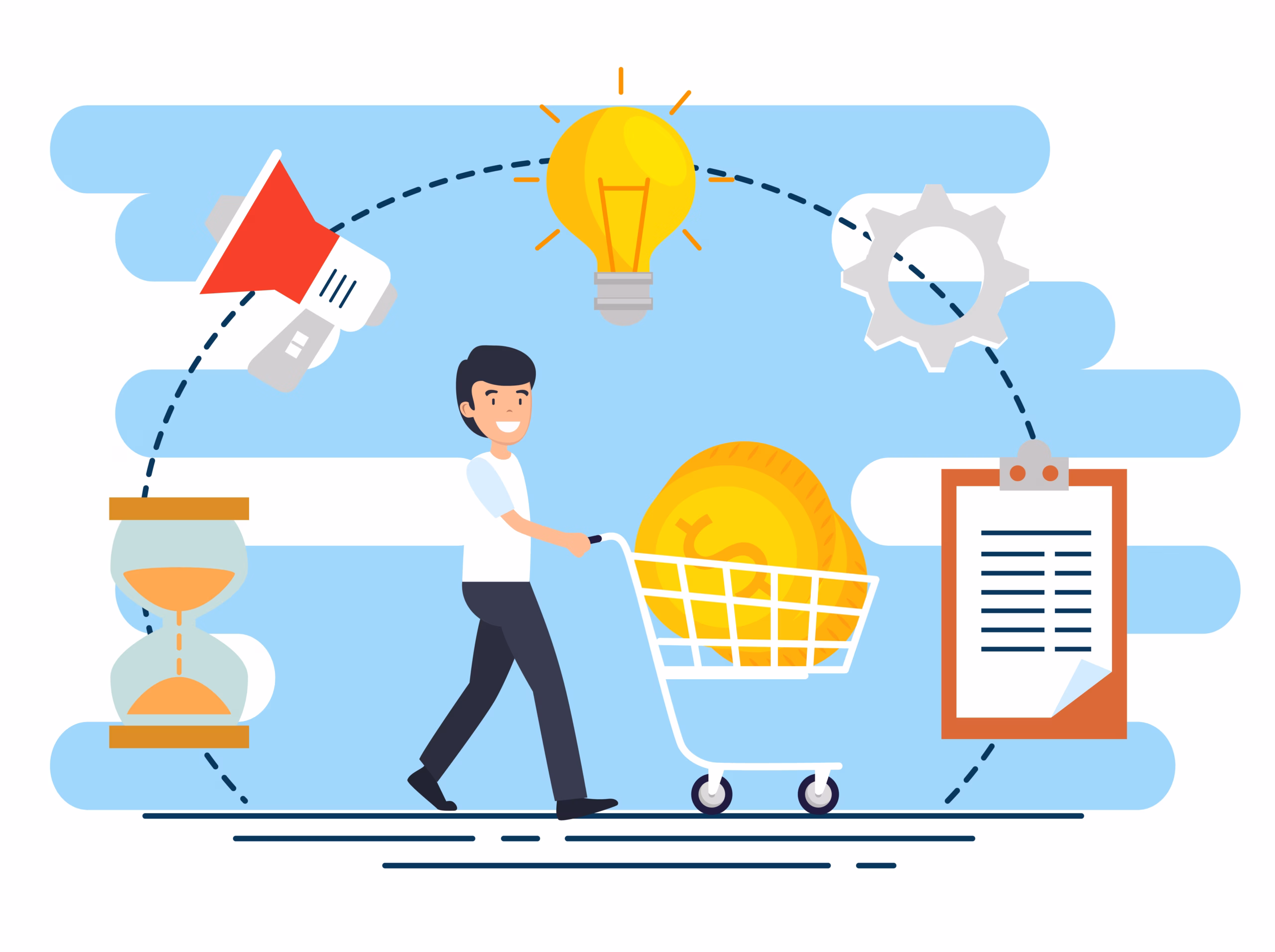 Illustration of a business owner pulling a cart of money after a successful MVP launch.
