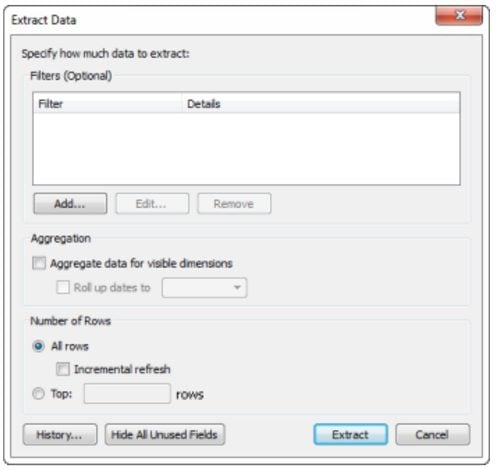 A screenshot of Tableau extract data window