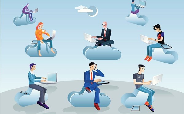 An illustration of people sitting on clouds and working on their laptops
