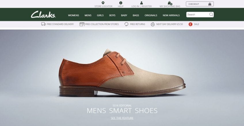 An illustration showing Clarks' home page with a mens shoe picture