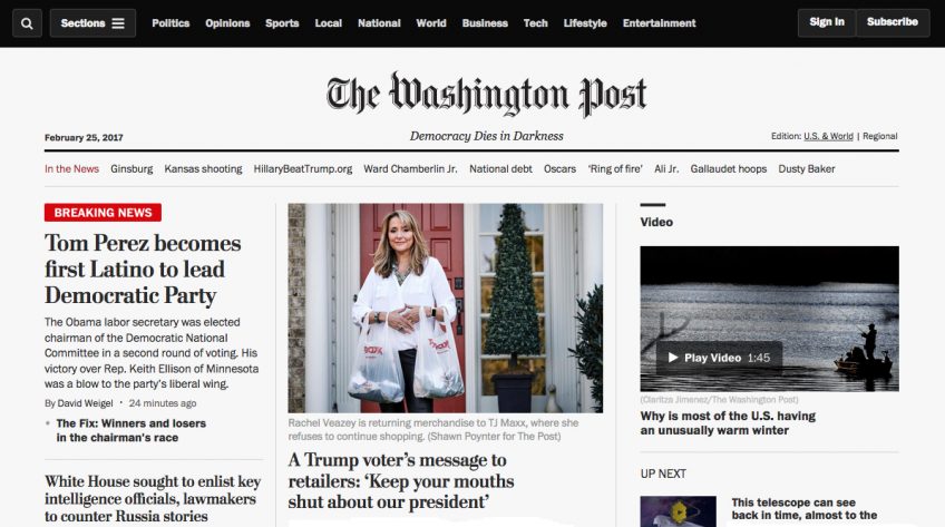 A snap of the home page of the Washington Post's website
