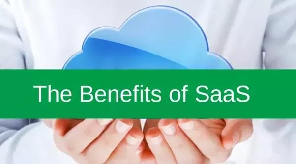 A person holding a cloud in their hands on which The Benefits of SaaS is written