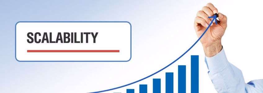The word scalability and an Image of a hand drawing an upward line against a light blue background