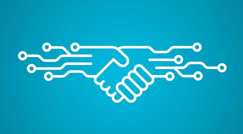 A stylized illustration of a handshake