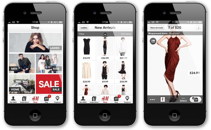 Screenshots of online shopping mobile apps 