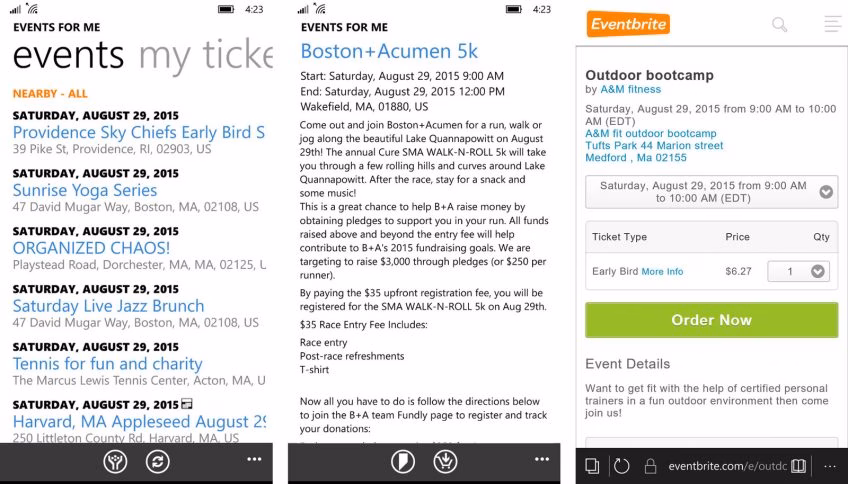 A screenshot of Eventbrite, an event planning app