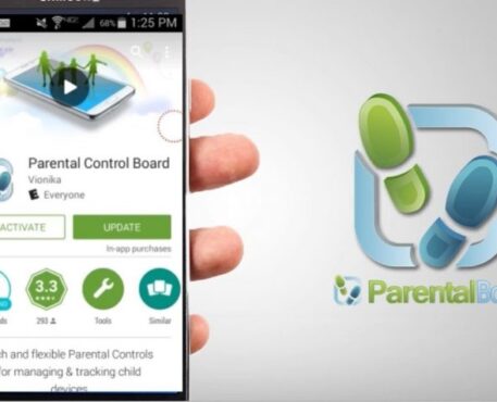 a hand with a cell phone, a parental control app is open, the app logo and parental control dashboard are displayed