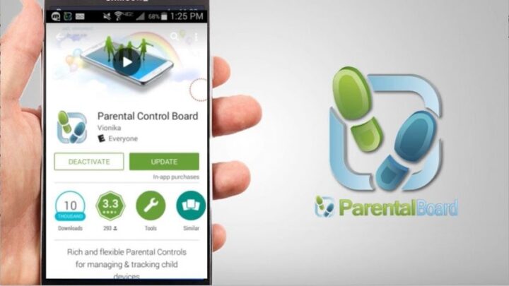 a hand with a cell phone, a parental control app is open, the app logo and parental control dashboard are displayed