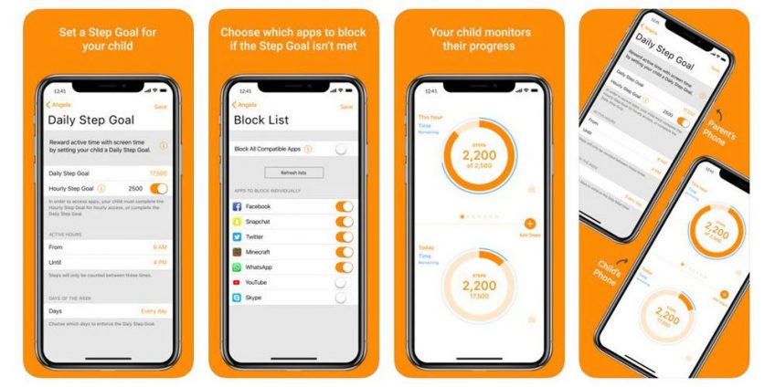 Four screenshots of a parental control app, the first screenshot depicts setting a step goal, the second one shows an app block list, the third one shows the child's cell phone screen with progress tracking, the fourth one shows both the parent's and child's cell phone screens