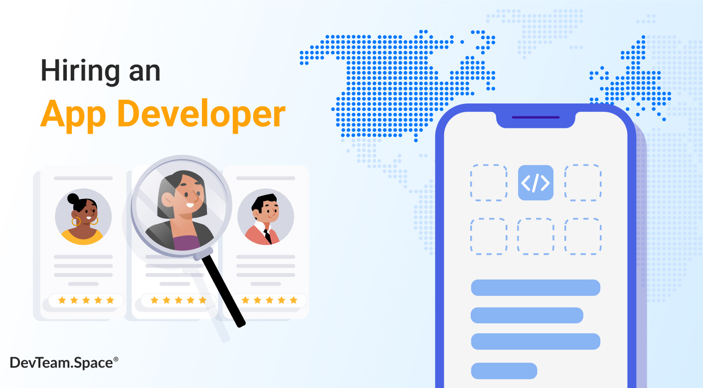 Picture of mobile app developer profiles with text saying hiring app developers and a cellphone showing a mobile app. 