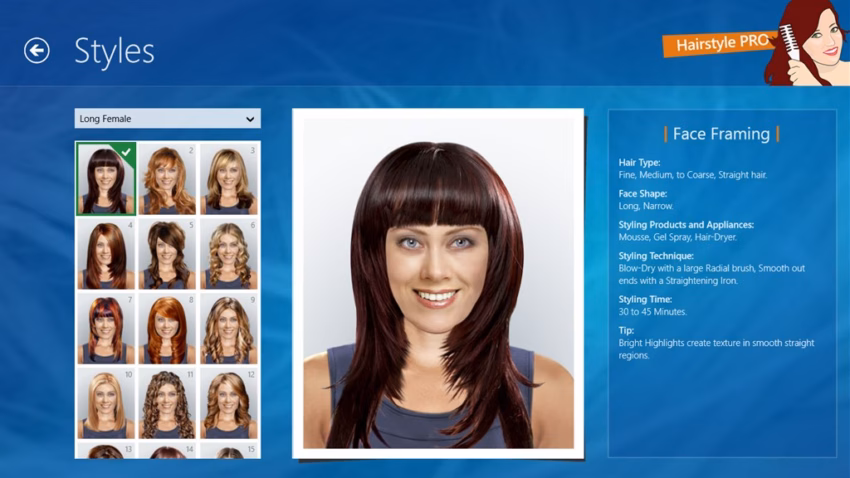 Image shows interface from popular hairstyling app Hairstyle Pro. It features a woman surrounded by different possible hairstyles
